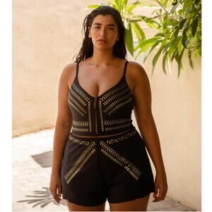 BILIBLOND One Piece Overall Swimsuit Black Gold Sz XL {3Q53}